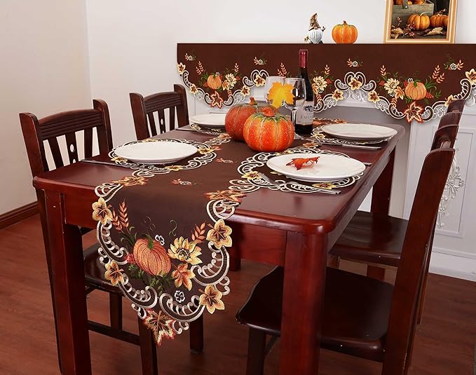 Simhomsen Embroidered Thanksgiving Harvest Pumpkins Brown Round Doily Placemats for Autumn or Fall Decorations (15 Inch Round Doily Set of 4)