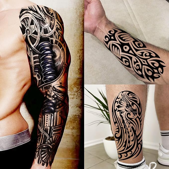 20 Sheets Cool Tirbal Maori Full Arm Temporary Tattoos For Men Adults Thigh, Black Totem Armband Robot Arm Letter Fake Sleeve Tattoos For Women, Bulk 3D Halloween Tattoo Stickers Loyalty Faith
