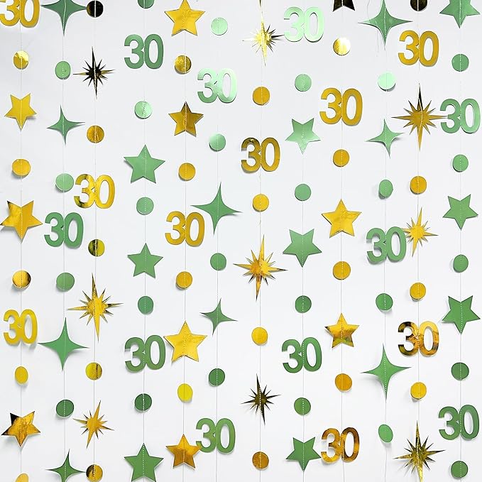 Sage Green Gold 30th Birthday Decorations Number 30 Circle Dot Twinkle Star Garland Streamer Banner Backdrop for Womens Cheers to 30 Years Old Dirty Thirty Happy 30th Anniversary Party Supplies