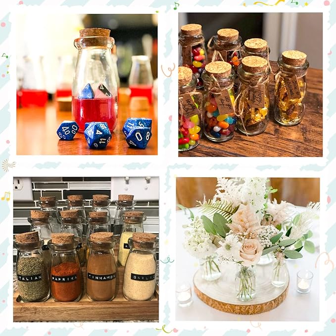 OurWarm 3.4oz Small Glass Jars with Lids, 12PCS Mini Glass Jars with Cork Twine Tags & Stickers, Versatile Potion Bottle Honey Spice Vials Candy Jars for DIY Crafts Birthday Wedding Gifts Party Favors
