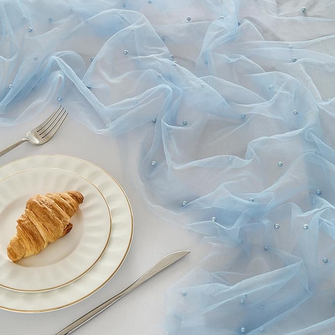 Fanami 3 Pack Pearl Table Runner -10FT Dusty Blue Boho Tulle Table Runners 120 Inches Long Rustic Sheer Lace Fabric Centerpieces for Wedding Arch Birthday Party Bridal Veil Baby Shower Decorations