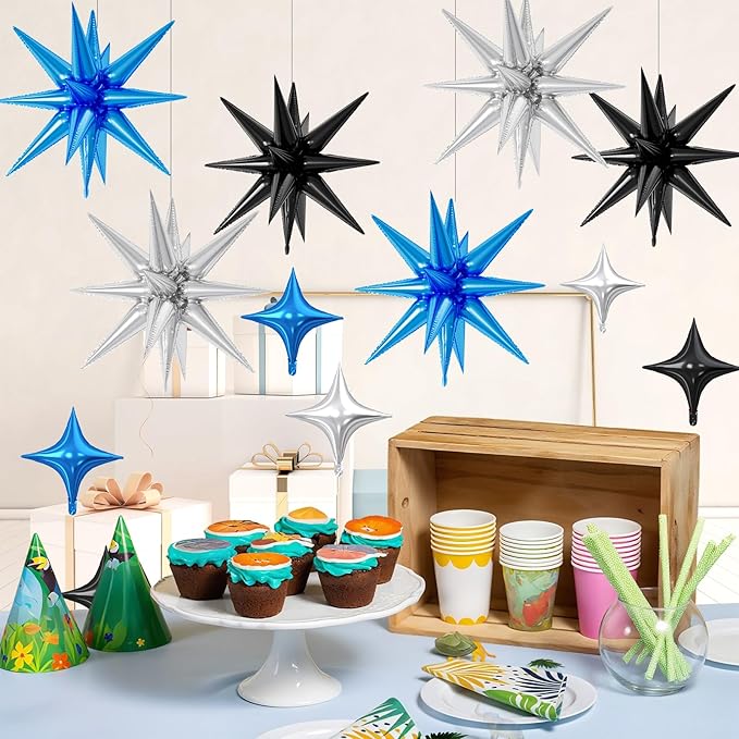 18 Pcs Black Blue Star Balloons, Silver Blue Black Balloon with 6 Pcs 22-Inch Explosion Star Balloons 12Pcs 10-Inch Four Pointed Stars Foil Balloon for Boys Baby Shower Birthday Party Decoration