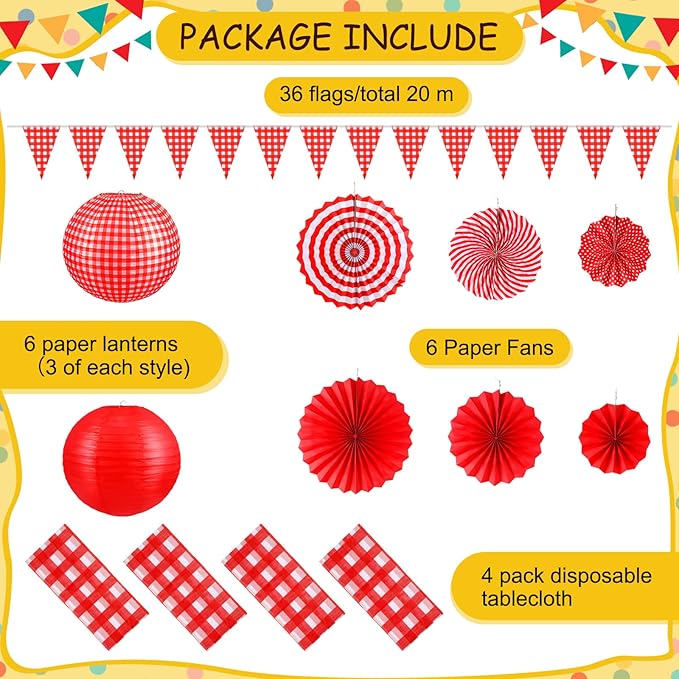 Hortsun 18 Pcs Red Gingham Party Supplies Include Checkered Paper Lanterns Plastic Tablecloth Pennant Banner Hanging Paper Fans for Picnic BBQ Baby Shower Birthday Wedding Family Dinner