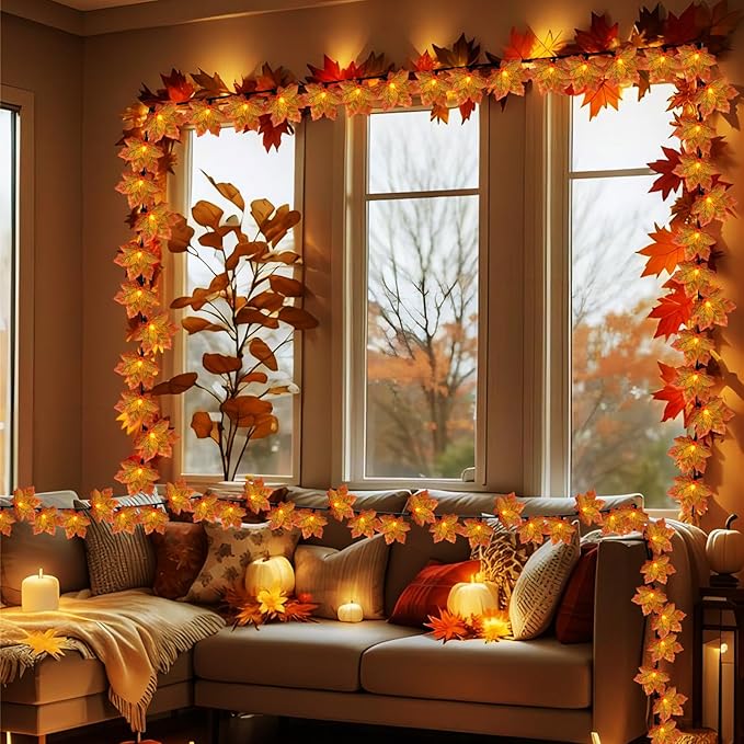 Fall Decor Maple Leaf String Lights,13.5ft 35 LED Thanksgiving Decorations Halloween String Lights,Autumn Orange Maple Leaf Garland with Light for Home Holiday Autumn Harvest Halloween Decor