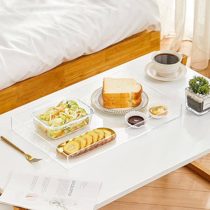 Clear Sturdy Acrylic Serving Tray with Handles 12x20x2H Inches -Spill Proof- Decorative Trays Countertop Organizer for Ottoman Coffee Table Nightstand, sidetable, Breakfast, Tea, Food