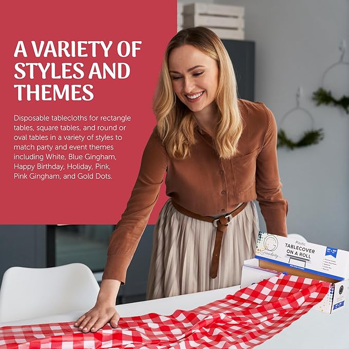 Grandipity Plastic Tablecloth Roll - 54in x 100 Ft. Red Gingham Checkered Plastic Table Cloths for Parties | Disposable with Cutter Box - Cut to Size Disposable Tablecloth for Rectangle & Round