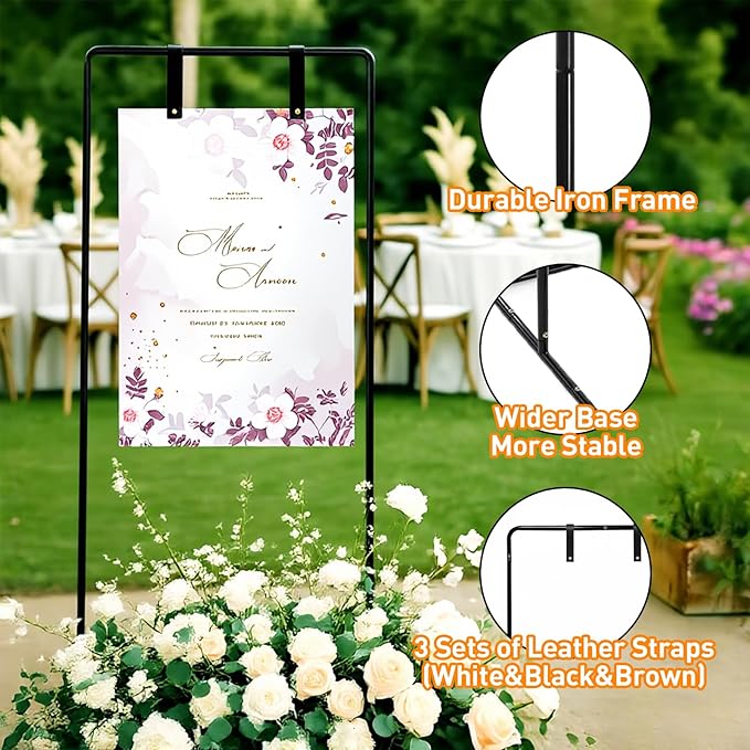 Adjustable Wedding Sign Stand, Wedding Welcome Sign Holder with Leather Sign Hanging Straps, Easel Stand for Sign Display Reception, Party Decor, Portable Sign Holder for Wedding & Baby Showers (Black)