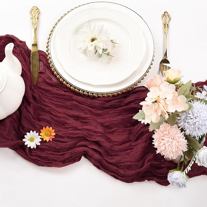6 Pack Burgundy Cheesecloth Table Runner 10FT Boho Cheese Cloths Gauze Fabric Table Runners 120 Inch Rustic for Christmas Fall Thanksgiving Wedding Birthday Party Baby Shower Home Decorations