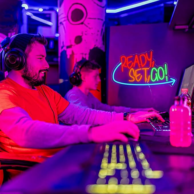 Ready Set Go Neon Sign for Game Room Colorful Game Neon Light Anime Gamer Led Light Sign Dimmable Gameing Light Up Sign for Boys Bedroom Man Cave Party (16.5 * 9.4 In)