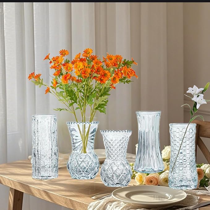 Glass Bud Vase Set of 5: Eylkoi Clear Vases for Centerpieces Decorative, Vintage Embossed in Bulk Crystal Textured Cute, Wedding Decor Mini Flower Floral Vase for Rustic Wedding, Home Table, Party