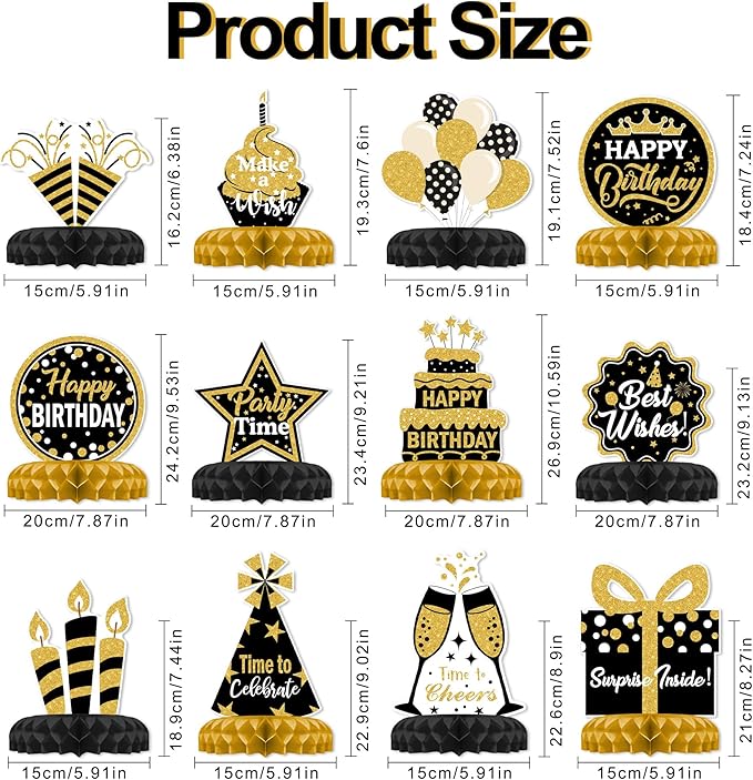 12 Pcs Birthday Table Decorations Glitter Black and Gold Birthday Decorations Honeycomb Centerpieces for Table Decor Girls Boys Women Men Party Supplies