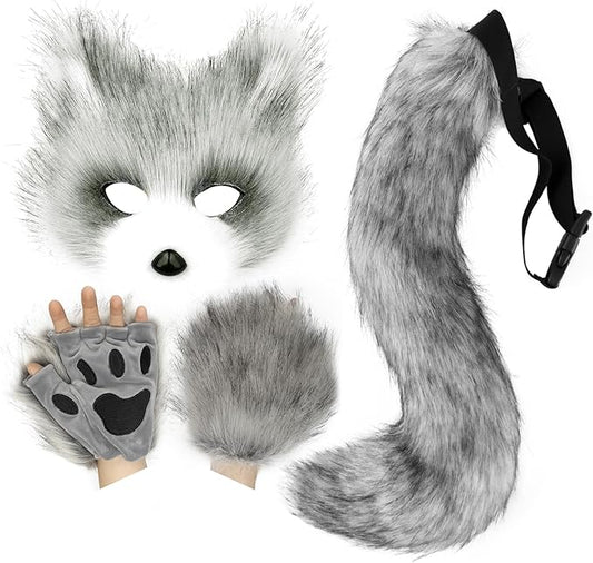 HAOAN Furry Fox Mask Wolf Fox Tail and Paw Gloves Set Adult Cat Halloween Mask Cosplay Animal Party Costume
