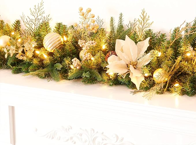 9Ft Christmas Garland Prelit with Gold Berries and Balls,Flower and 50 Lights Plug in,Holiday Decoration Fireplace Stairs Mantle Door Indoor Outdoor