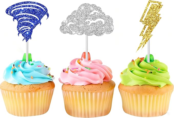 24pcs Glitter Tornado Party Cupcake Toppers Tornado Birthday Party Decorations Lightning Cloud Theme Cake Cupcake Picks for Weather Theme Birthday Party Baby Shower Supplies