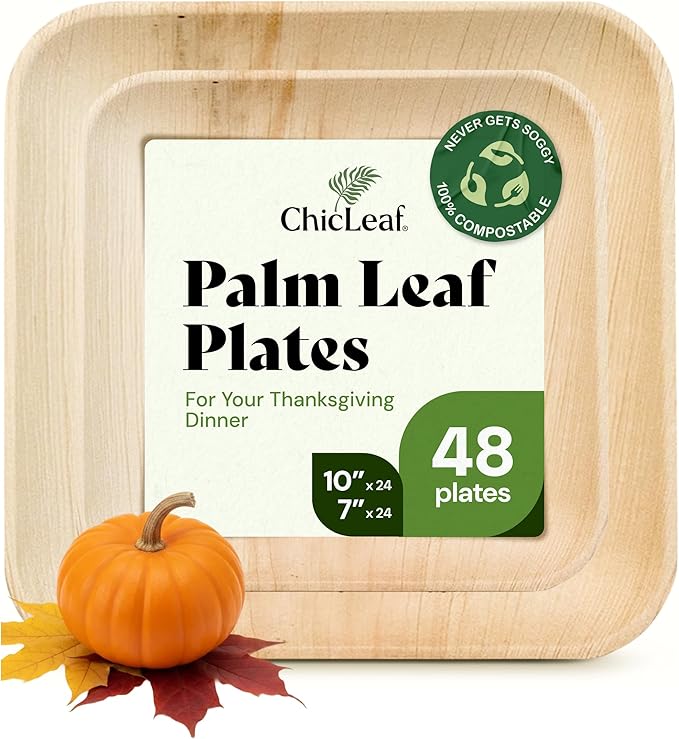 Chic Leaf Compostable & Biodegradable Palm Leaf Disposable Bamboo Plates - Disposable Party Plates for Appetizers - Camping Essentials - Reusable Party Supplies (10 & 7 Inch Square)