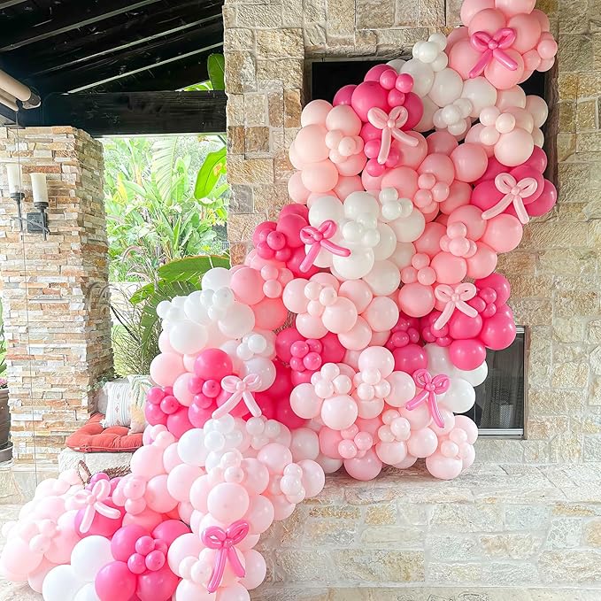 Pink Bow Balloon Arch Kit Pink and White Balloons Garland 91 Pcs Coquette Birthday Decor White Pastel Light Pink Bow Balloon for Girls Princess Bridal Baby Shower Birthday Party Decorations