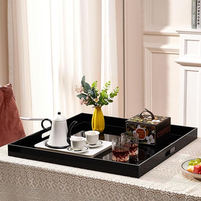 20×18 inches Oversized Black Acrylic Ottoman Tray Extra Large Decorative Tray Spill-Proof Serving Trays with Handles King-Size Safe Edge Organizer for Coffee Table Countertop Breakfast