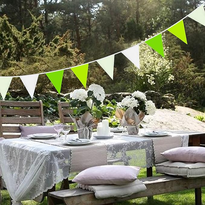 10M/32Ft Green and White Banner Party Decorations Triangle Flag Fabric Banner Cotton Pennant Bunting Garland for Wedding Birthday Home Nursery Outdoor Garden Hanging Festivals Decoration