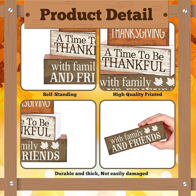 4 Pcs Thanksgiving Decoration for Home Wooden Turkey Decor Thanksgiving Table Centerpiece Fall Tiered Tray Decor Rustic Decorative Turkey Block Signs Gift for Home Kitchen Shelf