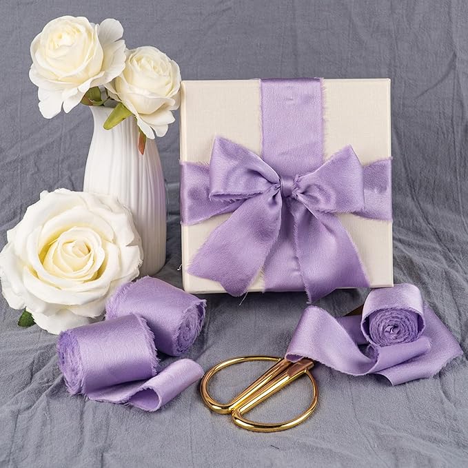 Satin Silk Ribbon, Purple Ribbon for Wrapping, 1-1/2 inch x 15 Yd Handmade Frayed Fringe Ribbons, for Wedding Engagement Birthday Showers Crafts Flower Bouquets Invitation Decor, 3 Rolls