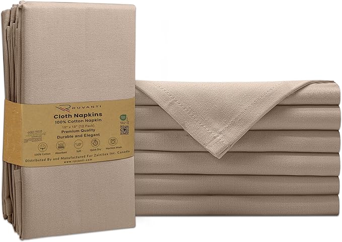 Ruvanti Premium Cloth Napkins Set of 6, 18x18 Inches, 100% Cotton, Washable, Soft & Absorbent, Perfect for Wedding, Christmas, ‎Thanksgiving Dinners - Light Taupe