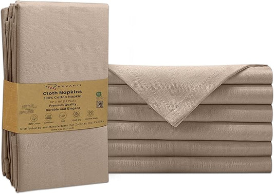 Ruvanti Premium Cloth Napkins Set of 6, 18x18 Inches, 100% Cotton, Washable, Soft & Absorbent, Perfect for Wedding, Christmas, ‎Thanksgiving Dinners - Light Taupe
