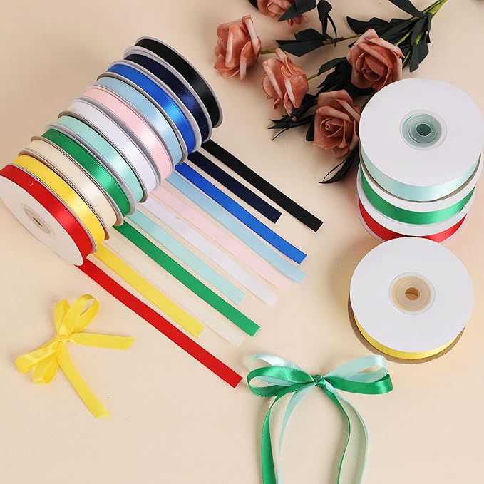 3/8 Inch Single Face Solid Color Satin Ribbon Roll, Ribbons Great for Gift Wrapping, Crafts, Wedding Party Decoration, Hair Bows Making and Other Sewing Projects (3/8" X 25 Yards, Red)