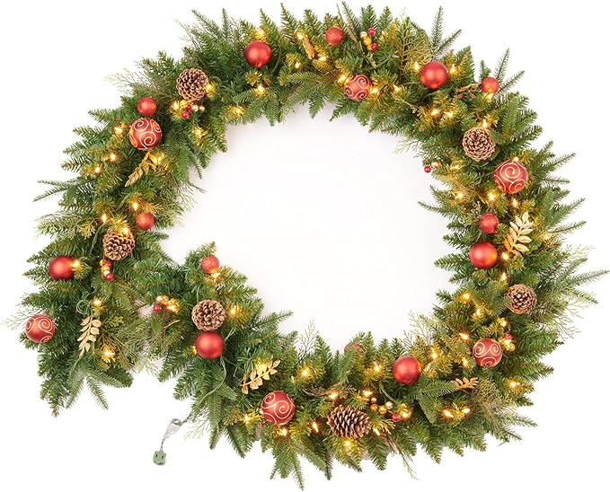 9FT Red Gold Christmas Garland Prelit with 70 Lights Plug in,Decor for Fireplace Stairs Mantle Door Indoor Outdoor