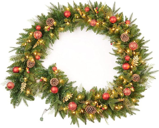 9FT Red Gold Christmas Garland Prelit with 70 Lights Plug in,Decor for Fireplace Stairs Mantle Door Indoor Outdoor