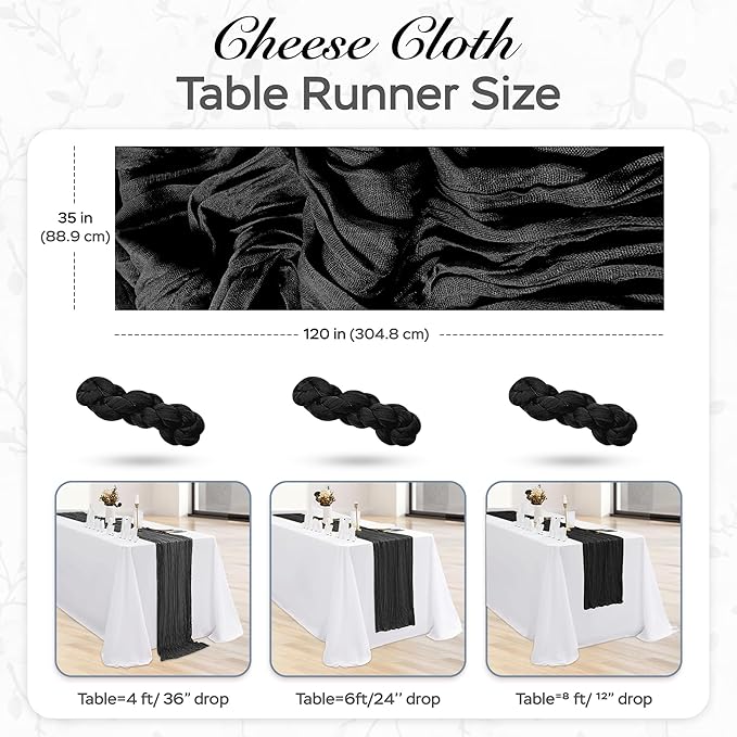 Cheesecloth Table Runner 3 Pack – 35x120 Inch (10ft) Boho Rustic Gauze Cloth Runners – Crinkle Polyester Table Decor for Wedding, Baby Shower, Bridal Shower, Birthday Party and More (Black)