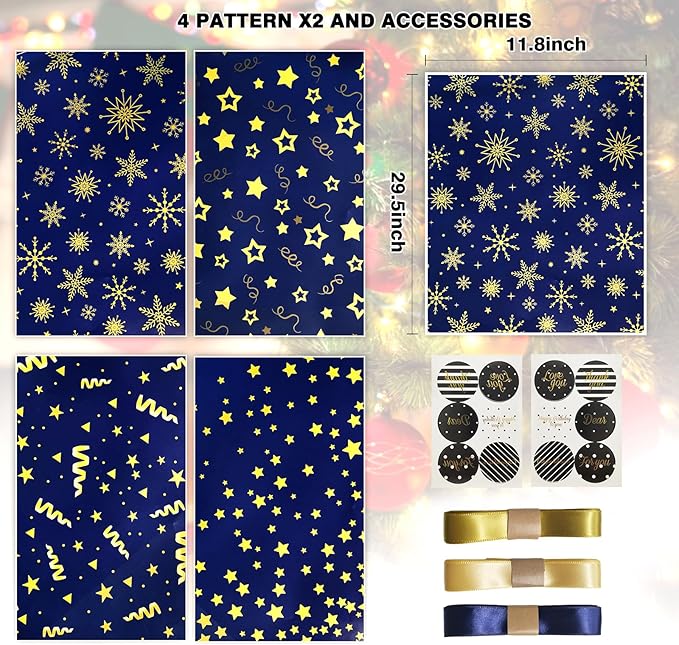 Wrapping Paper Flat Sheets, Blue Gift Wrapping Paper Set with Sticker Ribbon, Men Gift Wrap Birthday Wrapping Paper with Navy Blue and Gold Stripes Star Design, for Men Boy, for Birthday, Hanukkah,