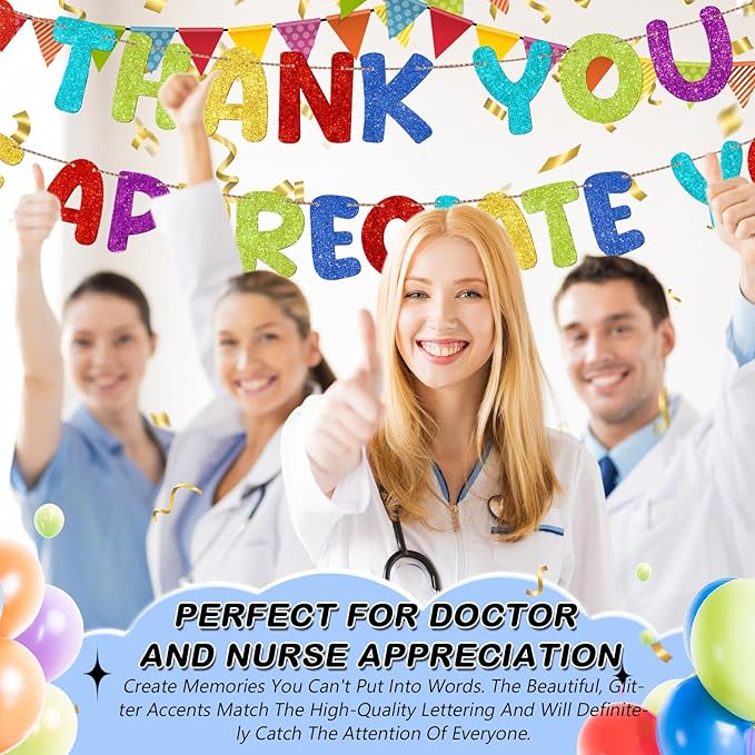 Fulmoon Pre Strung Thank You We Appreciate You Glitter Banner Funny Appreciation Banner for Employee Coworker Staff Teacher Thank Sign Party Decorations(Colorful)
