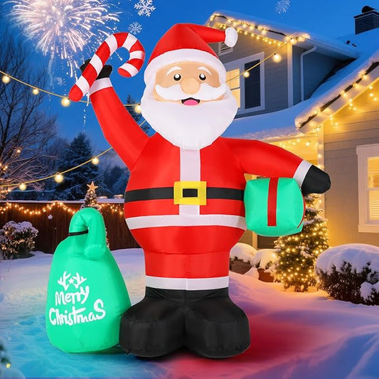 Christmas Decorations, 4.2FT Inflatable Santa Claus with Candy Cane and Gift Bag, Built-in LED Light and Blow Up Xmas Holiday Decor for Garden Lawn Yard Bistro Outdoor and Indoor
