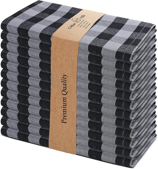 Urban Villa Cotton Dinner Napkins Set of 6, Highly Absorbent 20x20 Inches Premium Cloth Napkins Hotel Quality Reusable & Washable Table Dinner Napkins for Home & Weddings - Grey/Black, Checks
