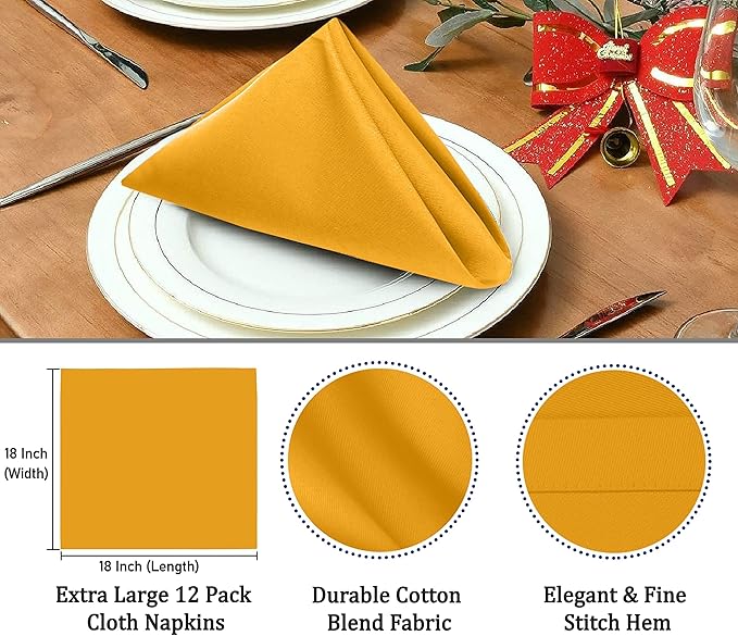 Ruvanti Cloth Napkins Set of 6, 18x18 Inches Napkins Cloth Washable, Soft, Durable, Absorbent, Cotton Blend. Table Dinner Napkins Cloth for Hotel, Lunch, Restaurant, Wedding Parties - Mustard