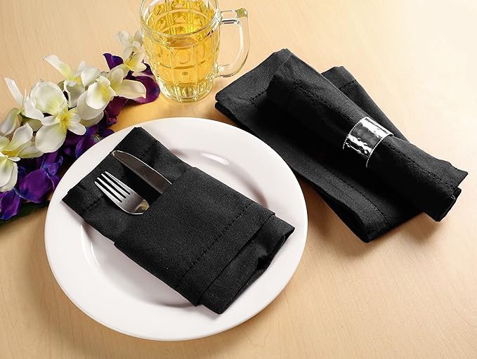 Palisa Cloth Dinner Napkins with Hemstitched Detailing & Mitered Corners Set of 12 (18x18 Inches) Black - Cotton Reusable Dinner Napkins - Perfect for Weddings & Everyday Use