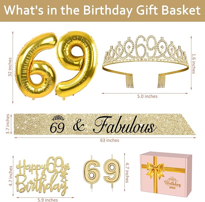 69th Birthday Decorations for Women Gold with 69th Birthday Sash and Crown, Cake Topper and Candles, Number Balloons Gold, 69 Year Old Gifts for Women