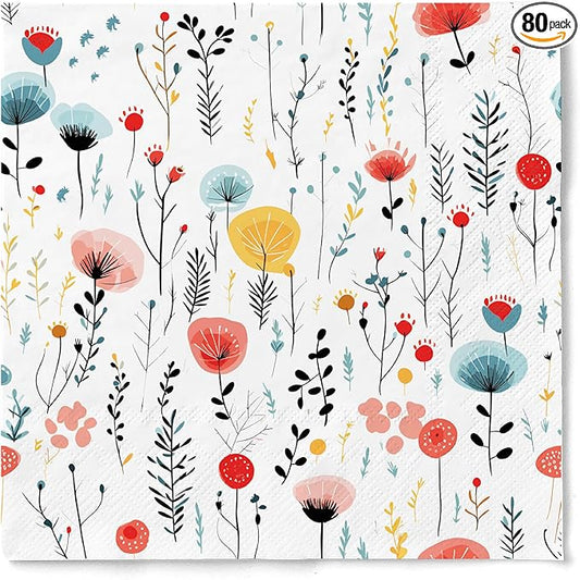 80 pcs Premium Designer Paper Napkins, 3-Ply 6.5x6.5-inches Disposable Decorative White Floral Napkin for Wedding Birthday Anniversary Lunch Dinner Party