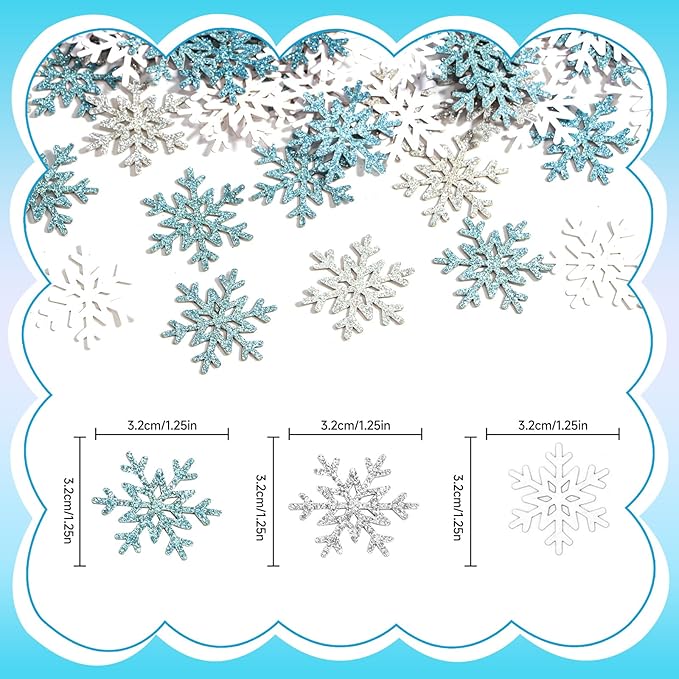 VHUWE Winter Snow Confetti, 200 Pcs Glitter Silver Light Blue White Snowflakes Confetti for Birthday Baby Shower Holiday Party Christmas Table Centerpiece New Years Eve Decorations Supplies - Paper