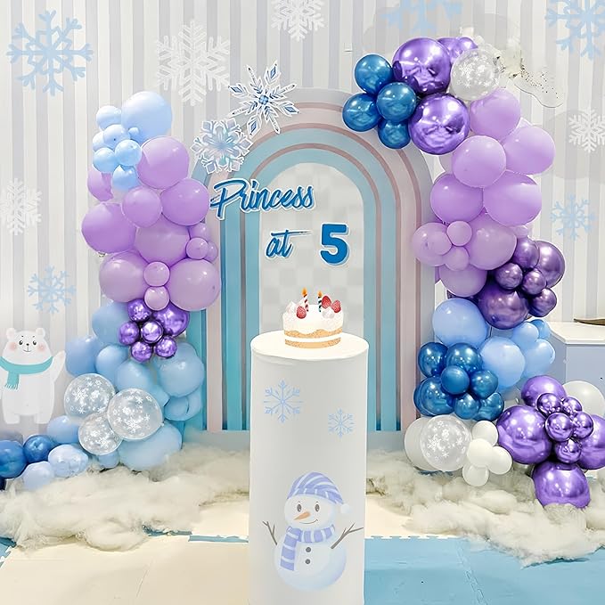 Blue Purple Snowflake Balloons Set, 12 Inch Metallic Blue Purple Balloon Snowflake Confetti Latex Balloons Metallic Silver Girls Birthday Party Decoration for Children Winter Birthday Party Supplies