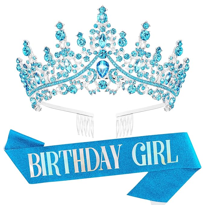 Velscrun Blue Crystal Birthday Tiara Crowns for Women Girls Elegant Princess Crown with Combs Birthday Girl Headband Sash Happy Birth Party Decorations Birth Gift Cake Topper Hair Accessories