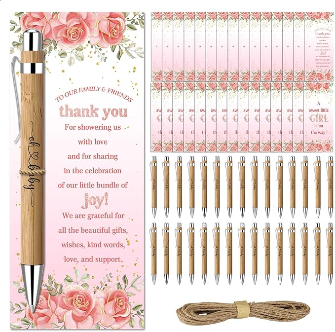 Toerifer 30 Pcs Floral Baby Shower Gifts, Gender Reveal Favors for 30 Guest, Baby Shower Sets, Included Bamboo Pens Thanks Cards, Gender Reveal Souvenirs Prizes, Pink Flower Girls Party Decorations