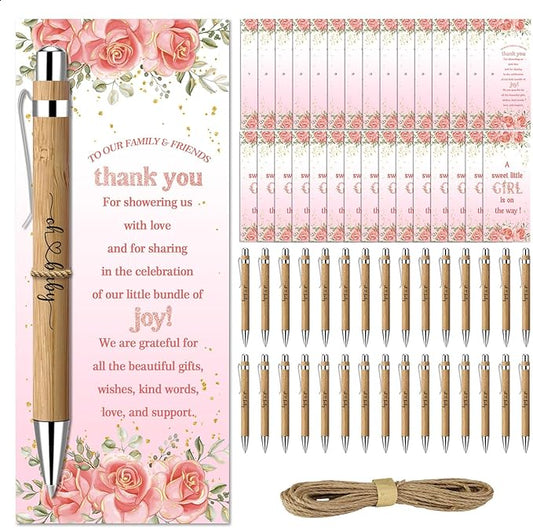 Toerifer 30 Pcs Floral Baby Shower Gifts, Gender Reveal Favors for 30 Guest, Baby Shower Sets, Included Bamboo Pens Thanks Cards, Gender Reveal Souvenirs Prizes, Pink Flower Girls Party Decorations