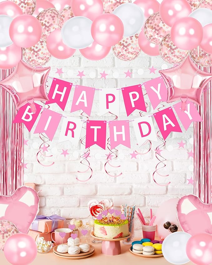 Pink Happy Birthday Party Decorations, Happy Birthday Banner, Pink Foil Heart Star Confetti Balloons Curtain Backdrop Hanging Swirls Butterfly Party Decor for Girls Women Princess