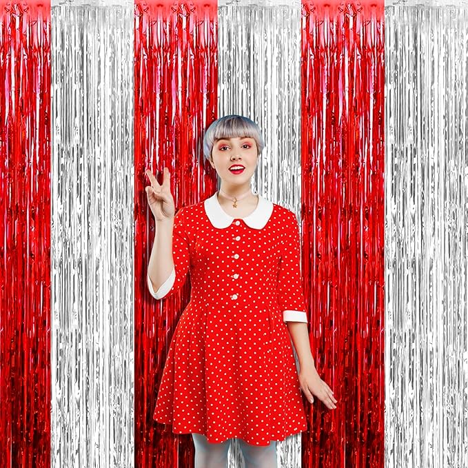 4 Pack 3.2Ft x 9.8Ft Silver Red Foil Fringe Curtain Backdrop, Metallic Tinsel Foil Fringe Streamers Curtains Background for Photo Booth, Wedding, Circus Welcome Carnival Birthday Party Decoration