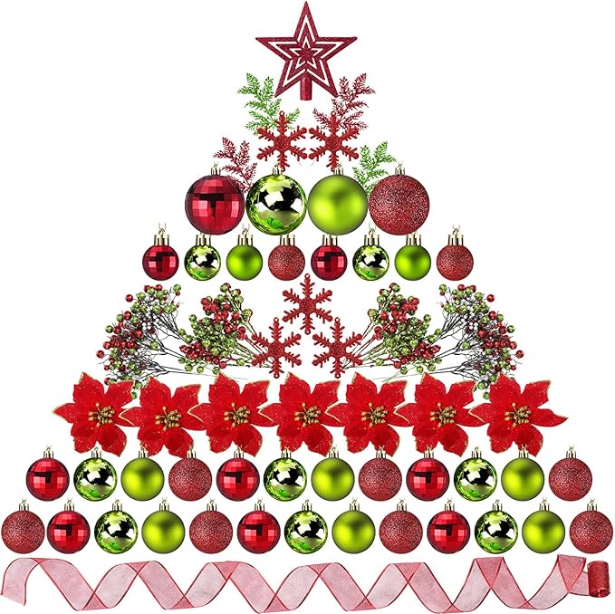 Sratte 94 Pcs Christmas Tree Decorations Set, Christmas Tree Ball Ornaments Glitter Poinsettia Flowers Decorations Glitter Berries Stems for Xmas Holiday Wedding(Green,Red)