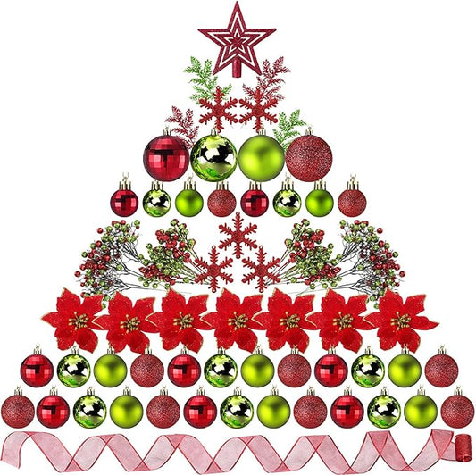 Sratte 94 Pcs Christmas Tree Decorations Set, Christmas Tree Ball Ornaments Glitter Poinsettia Flowers Decorations Glitter Berries Stems for Xmas Holiday Wedding(Green,Red)