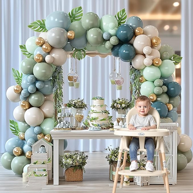 Sage Green Dust Blue Balloon Arch Kit Double Fill Olive Green White Sand Beige Gold Balloons Garland for Jungle Safari Birthday Baby Shower Wedding Party Decorations