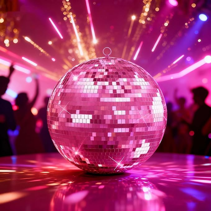 16 inch Pink Disco Ball, Hanging Mirror Ball, Wedding Decoration Disco Light Ball，Stage Lighting Effect ，12/16/20 inch Home、Stage and Bar Glittering Decoration (16inch-Pink)