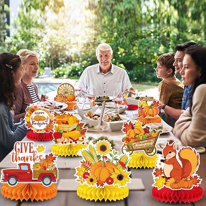 9PCS Thanksgiving Honeycomb Centerpiece Turkey Pumpkin Maple Leaves Honeycomb Thanksgiving Table Centerpiece for Thanksgiving Table Decoration Fall Autumn Theme Birthday Party Supplies